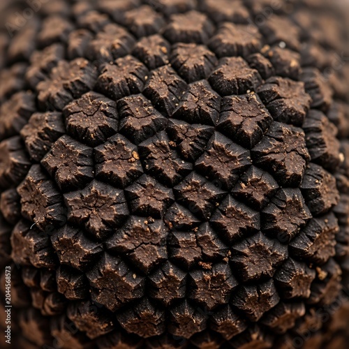 Extreme close up detailed texture of a dark brown pine cone surface