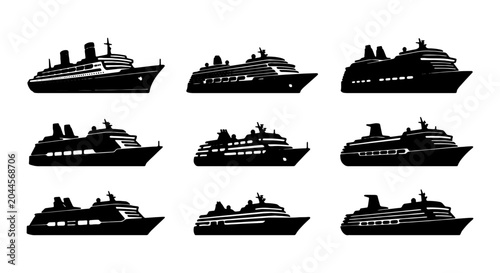 Fotografía Cruise Ship Silhouettes, Ocean Liner Icons, Maritime Vessels Collection, Travel