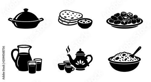 Fotografie Indian Food Icons Set, Traditional Cuisine Vector Graphics, Culinary Symbols Col