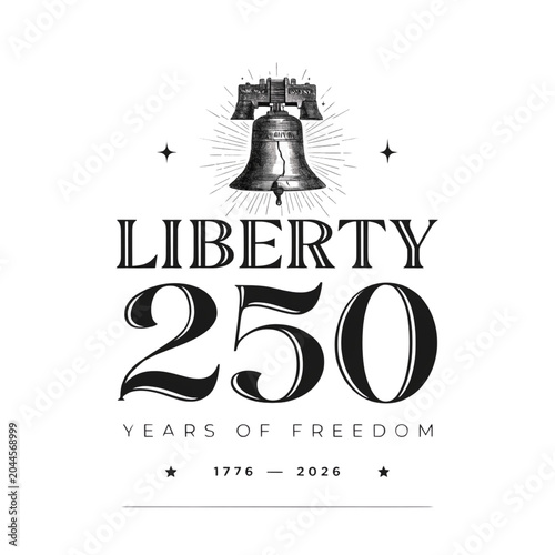 Liberty 250 years of freedom bell emblem. 
Classic typography logo featuring a detailed sketch of the liberty bell for the 2026 US milestone.