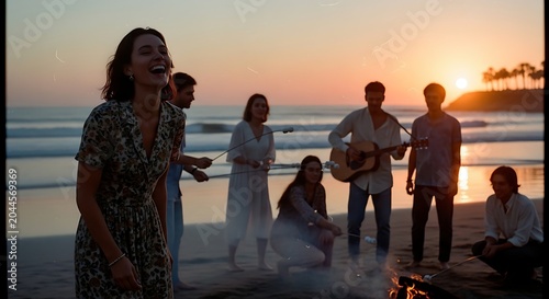 Group of friends taking photos at beach during sunset with warm golden light