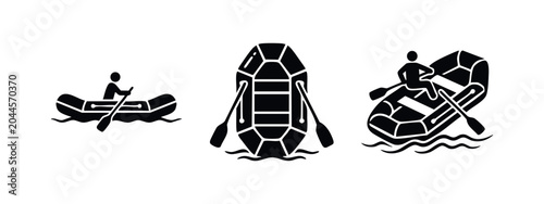 Fotografía Rafting Icons: Raft with Paddlers and River Waves in Silhouette