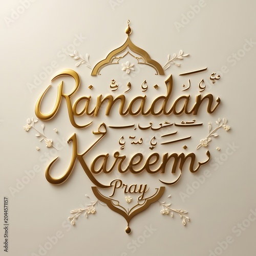 Ramadan kareem pray written in elegant Arabic calligraphy with gold accents on a soft cream background, the phrase is rendered in a beautiful cursive script with intricate swirls and geometric pattern