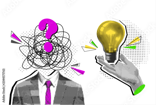 Modern collage with businessman with a Chaotically tangled line for a head, and hand holding light bulb. Problem and solution concept. Brainstorm. Perfect for focused on brainstorming and ideas.