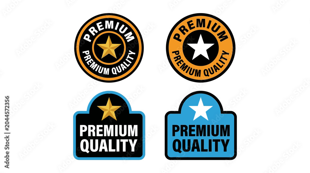 Fototapeta premium Four premium quality badge designs featuring stars, circular and rectangular shapes, bold typography, black, gold, blue, and white color schemes.