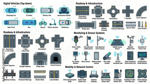 Top View Digital Twin Transportation CAD Blocks Vector Set – Virtual Roadway Assets, Infrastructure Monitoring Systems and Predictive Mobility Networks Isolated on White Background