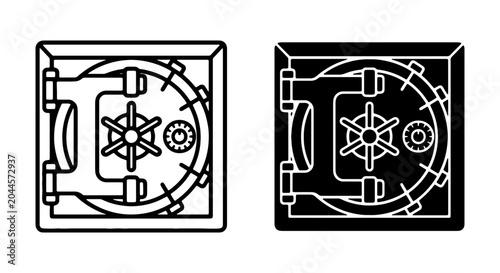 Bank Vault Icon Set, Strongbox Security Symbol, Financial Safety, Black and White Vector