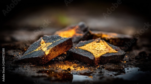 Several dark, fractured mineral pieces displaying vivid gold inclusions rest on damp earth.