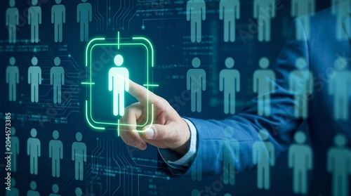 Human resources manager touching holographic human silhouette icon on digital display screen for corporate talent recruitment and candidate management process