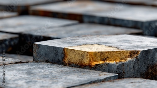 Rectangular stone slabs reveal a richly textured metallic layer beneath the surface