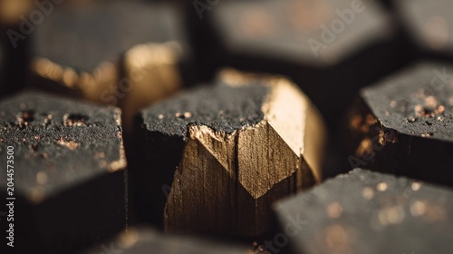 Close up view of dark, irregularly shaped objects revealing shimmering gold beneath a textured surface