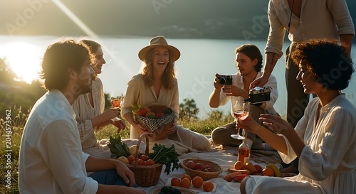 Friends having picnic by lake at sunset