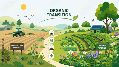 Organic transition agriculture landscape showing shift from conventional farming to regenerative methods with biodiversity healthy soil renewable energy crop diversity and sustainable food production