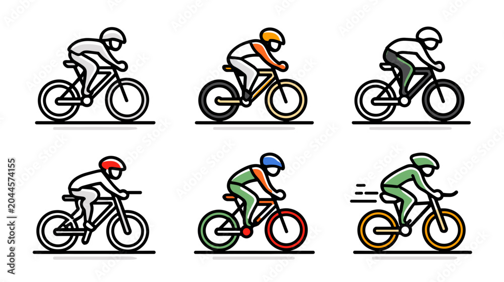 Fototapeta premium Illustration of Cyclists in Motion Featuring Different Bicycle Riders in Various Colors and Styles