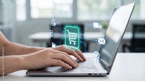 E-commerce manager working on laptop with virtual shopping cart icon for online store operations and digital marketing supply chain management interface, ecommerce