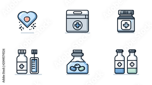 Bild auf Leinwand Illustration of Medical Icons Featuring Heart Symbol, Medicine Bottles, and Syri