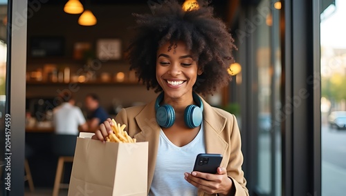 Smiling Woman with Headphones and Takeout Food Using Smartphone.