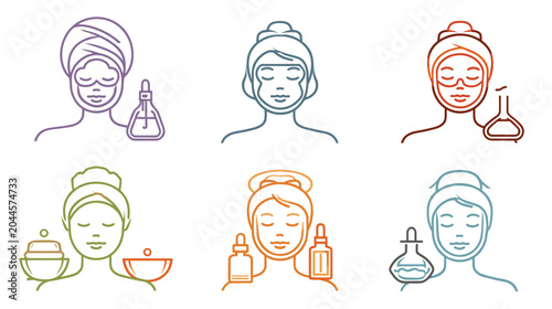 Foto Illustration of Six Minimalistic Skincare Treatments with Various Beauty Product