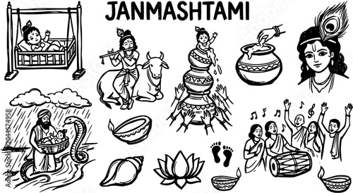 Cuadro en lienzo Black and White Line Art Janmashtami Festival Icons Set