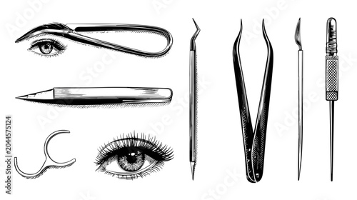 Foto Illustration of Various Tools for Precision Work Including Scissors, Tweezers, a