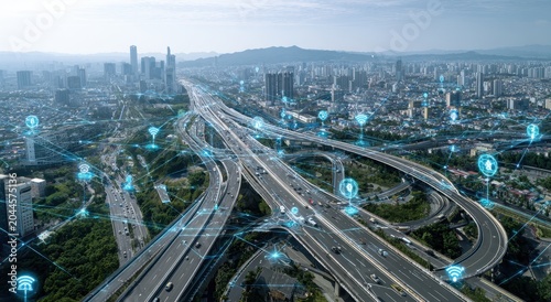 Vast Urban Sprawl Under a Bright Sky Featuring a Complex Network of Multi-Level Highway Overpasses with Flowing Traffic and Digital Network Connection Icons Hovering Above