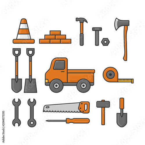 Vector illustration featuring a collection of construction tools and equipment commonly used in building, repair, engineering, and industrial projects.