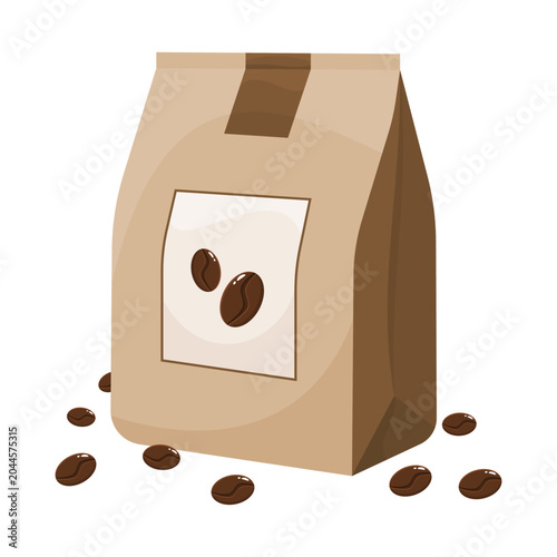 Vector illustration of a paper bag filled with coffee beans. Perfect for coffee shop branding, cafe products, organic packaging, roasted coffee, and beverage related design themes.
