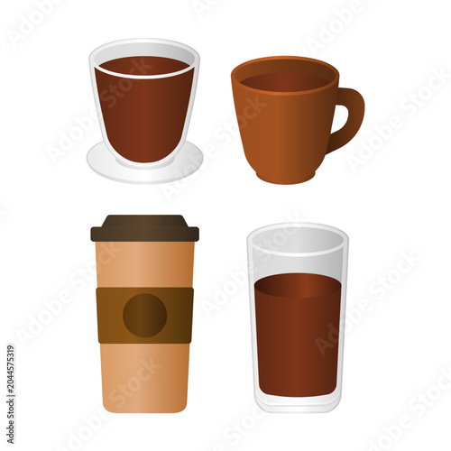 Vector illustration featuring coffee served in various containers and drink ware styles. Perfect for cafe, beverage, coffee shop, breakfast, restaurant, and food related design themes.