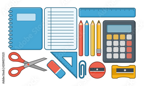 Vector illustration featuring a collection of school supplies and stationery items for education and learning themes. Perfect for classroom materials, student activities, and back to school designs.
