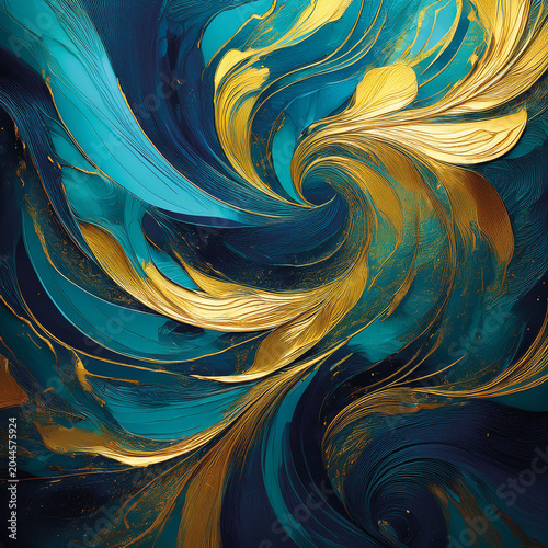 Wild and thick brushstrokes create a vibrant abstract work in blue, and gold