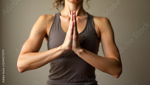 Woman Meditating with Hands Together in Prayer Position.