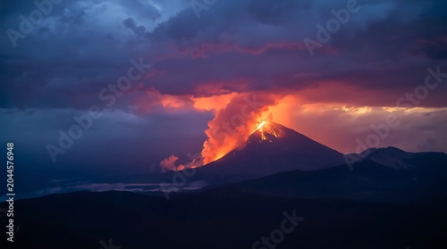 Dramatic Eruption of a Volcano at Dusk Under Cloudy Skies.
