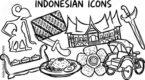 Tableau sur toile Indonesian Icons: Batik, Kris, Wayang, Traditional House, Food, Flower, Pedicab