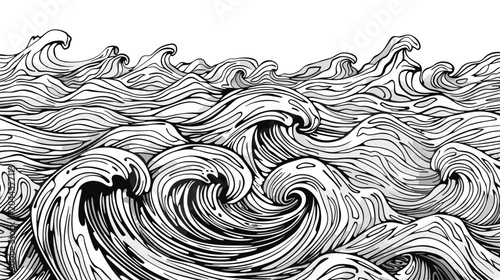 Obraz na plátně Intricate Black and White Illustration of Dynamic Ocean Waves in Turbulent Sea