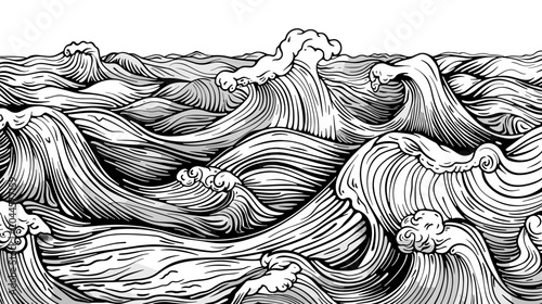 Foto Intricate Black and White Illustration of Powerful Ocean Waves in Motion