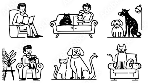 Quadro su tela Man Reading Newspaper While Sitting on Sofa with Pets Including a Cat and Dog at