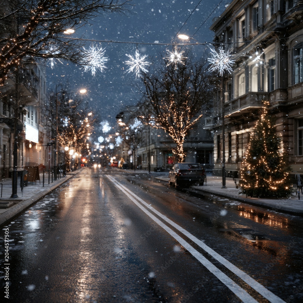Obraz premium Snowfall on a Quiet City Street with Festive Lights and Tree Decorations