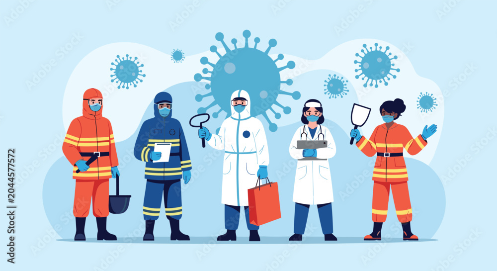 Fototapeta premium Frontline workers in protective suits and uniforms standing together against a background of stylized virus particles.