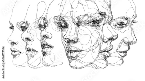 Schilderij op canvas Multiple Profiles of Women in Abstract Line Art Design Showcasing Diverse Expres