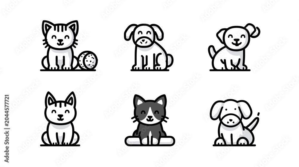 Fototapeta premium Playful Cartoon Animals Including Kittens and Puppies with Cheerful Expressions and Unique Colors
