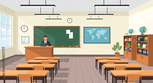 Empty modern classroom interior with a teacher desk, student tables, a chalkboard, and world map on the wall.