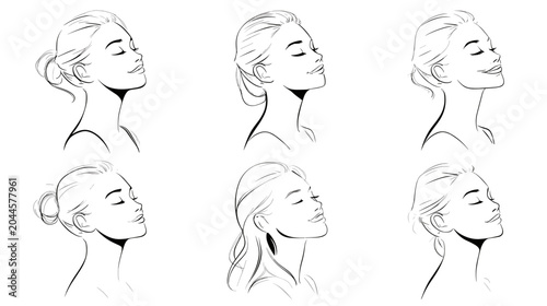 Slika na platnu Profile Illustrations of a Woman with Varying Hairstyles in Minimalist Black and