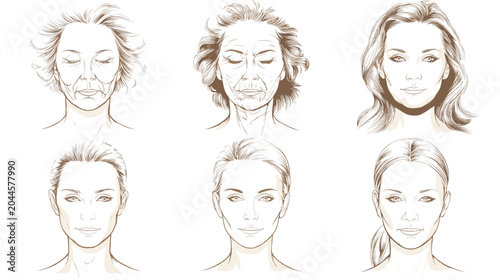 Bild auf Leinwand Range of Female Facial Expressions Displaying Various Emotions and States of Min