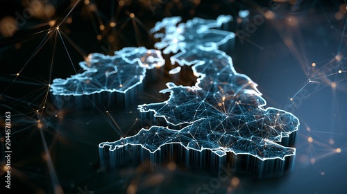 A glowing blue map of Europe and the UK with a network of connections and lines in a dark background