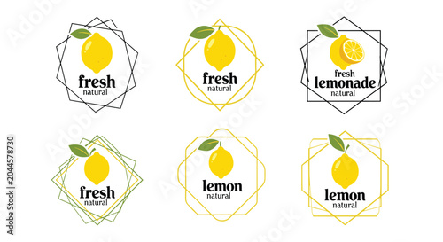 Collection of six elegant labels for fresh natural lemon products featuring various minimalist gold and black frames.