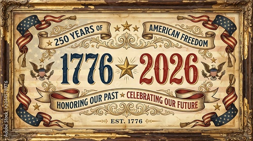 Vintage style sign celebrating 250 years of american freedom from 1776 to 2026 honoring past celebrating future.