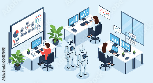 Modern isometric office workspace where human employees work alongside robots at computers and large data screens.
