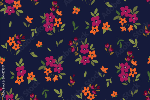 Seamless floral pattern, liberty ditsy print in simple vintage motif. Cute country style botanical design of small hand drawn flowers, tiny leaves, mini bouquets, blue background. Vector illustration.