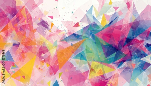 Vibrant abstract geometric explosion of colorful translucent triangles and polygons against a speckled white background with a dazzling light effect in a modern artistic design