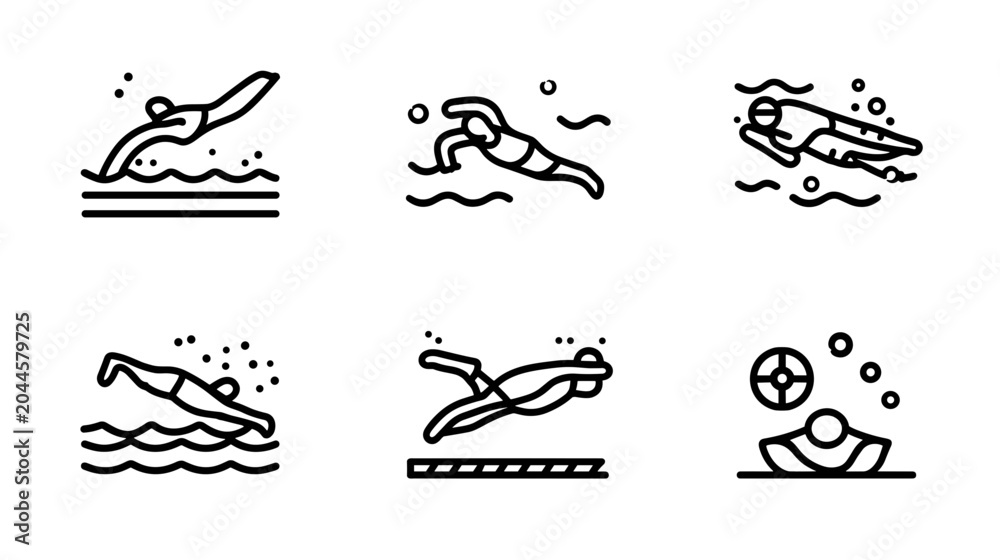 Obraz premium Set of Swimming Icons Representing Various Styles and Techniques in Water Sports